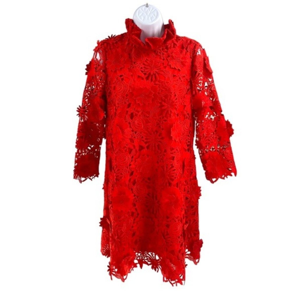 Tuckernuck | NEW Red Guipure Lace Daphne Three-quarter Sleeve Mini Dress Size L - Picture 5 of 12
